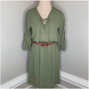 MOSSIMO SUPPLY CO Women's Lace Up V-Neck 3/4 Sleeves Green Shirt Dress Small